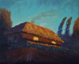 Oil painting of a lonely cottage house lit by the last sunset light with distant trees painted by Andrea Bocedi