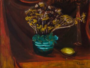 Still life oil painting with a green vase with flowers on a red background painted by Andrea Bocedi
